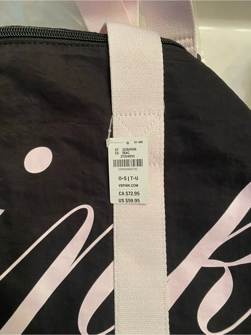 PINK Black and Light Pink Duffle Bag with 'Pink' Script and Blanket